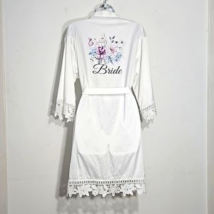 Bride robe with crochet lace detail on sleeve hem and bottom hem One Size